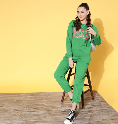 Women Green Solid Fleece Joggers